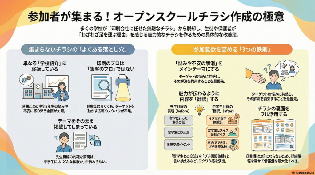 オープンスクールの参加者募集チラシを効果的にするには、単なる学校紹介ではなく「中学3年生の悩みや不安の解消」をメインテーマに据えることが重要です。